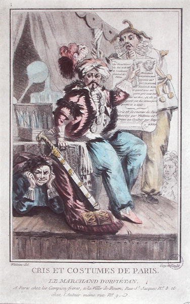 Orvietan Seller, z „Cris et Costumes de Paris”, grawerowane przez Guyota (kolorowa grawerunek) autorstwa Louis Joseph Watteau