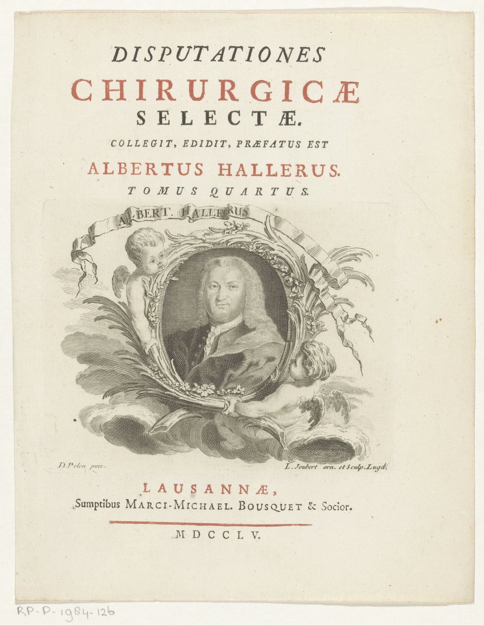 Portret van Albrechta von Hallera Albert Haller (tytuł na obiekcie) Tytuł strony voor: Albrecht von Haller, Wybrane dyskursy chirurgiczne, 1755 autorstwa Louis Joubert