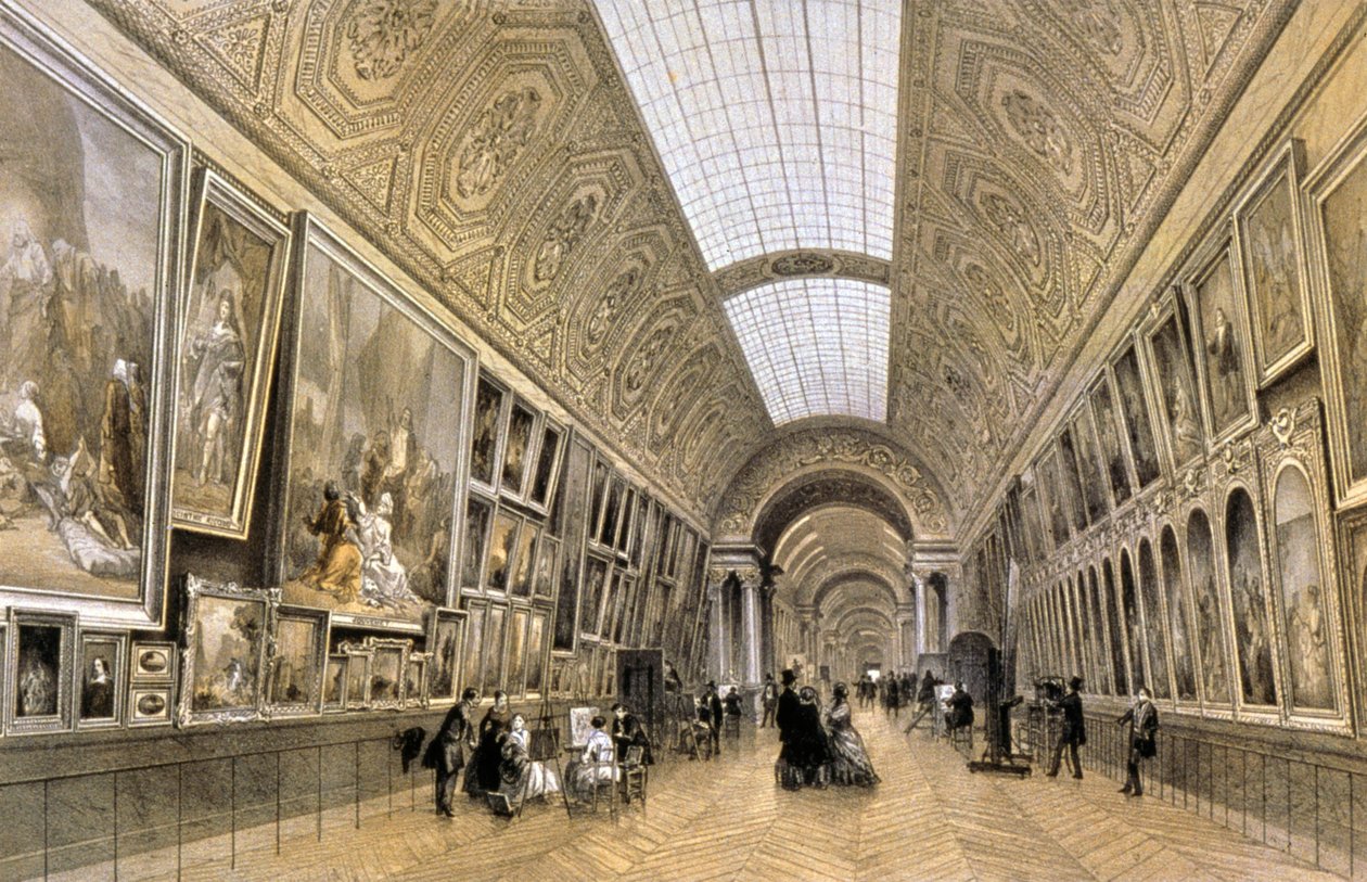 Grande Galerie, Luwr, ok. 1850 r. (rysunek) autorstwa Louis Jules (after) Arnout
