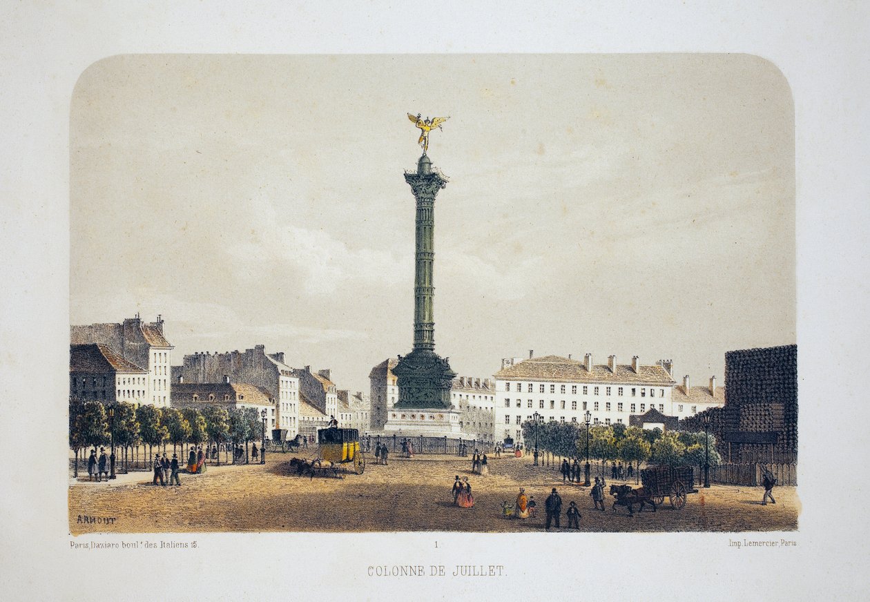Column de July (Place de la Bastille), Paryż. Litografia akwarela, ilustracja Arnout, w „Albumie, pamiątki z Paryża”, redaktor Daziaro, Paryż autorstwa Louis Jules Arnout