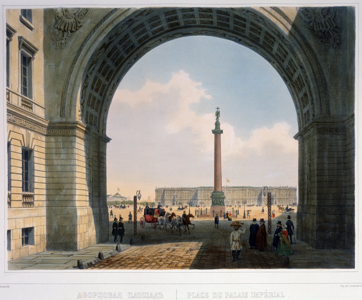 Plac Pałacowy, widok z łuku Komendy Głównej Armii (Sankt Petersburg) Litografia Louisa Julesa Arnouta (1814-1868), kolorowana akwarelą, 25,2 x 33,5 cm, ok. 1840 r. Sztuka francuska autorstwa Louis Jules Arnout