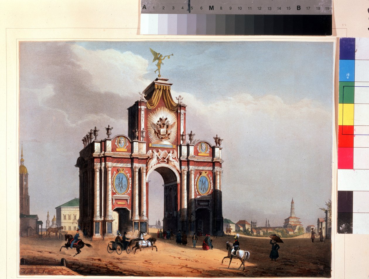Czerwona Brama w Moskwie. Litografia Louisa Julesa Arnouta (1814-1868), kolorowana akwarelą, ok. 1830 r. Sztuka francuska, klasycyzm. Muzeum Pamięci A. Puszkina, Sankt Petersburg. autorstwa Louis Jules Arnout