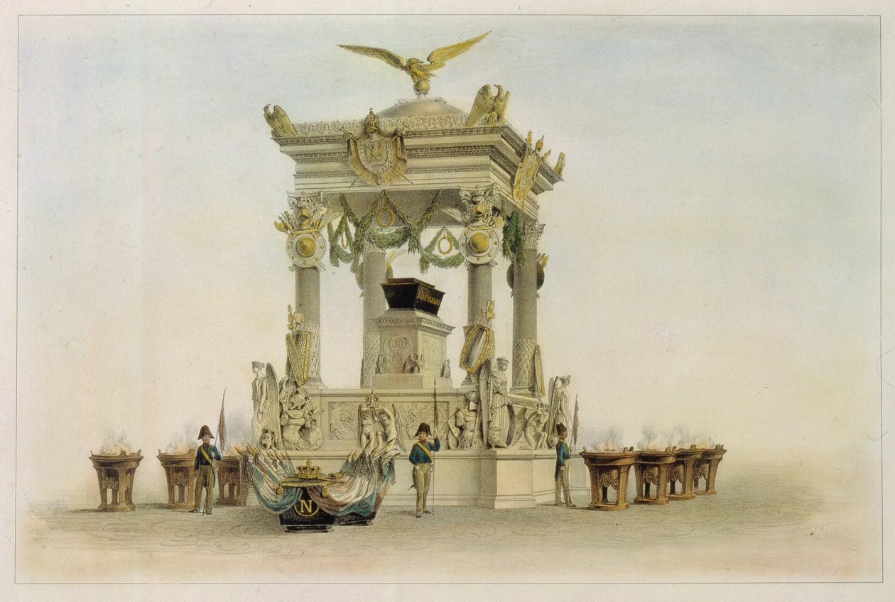 Trumna Napoleona I Bonaparte (1769-1821) w kościele Invalides (Paryż, Francja). (Trumna Napoleona w kościele w Les Invalides). Praca Louisa Julesa Arnouta (1814-1868), litografia i akwarela. XIX-wieczna sztuka francuska, klasycyzm. autorstwa Louis Jules Arnout