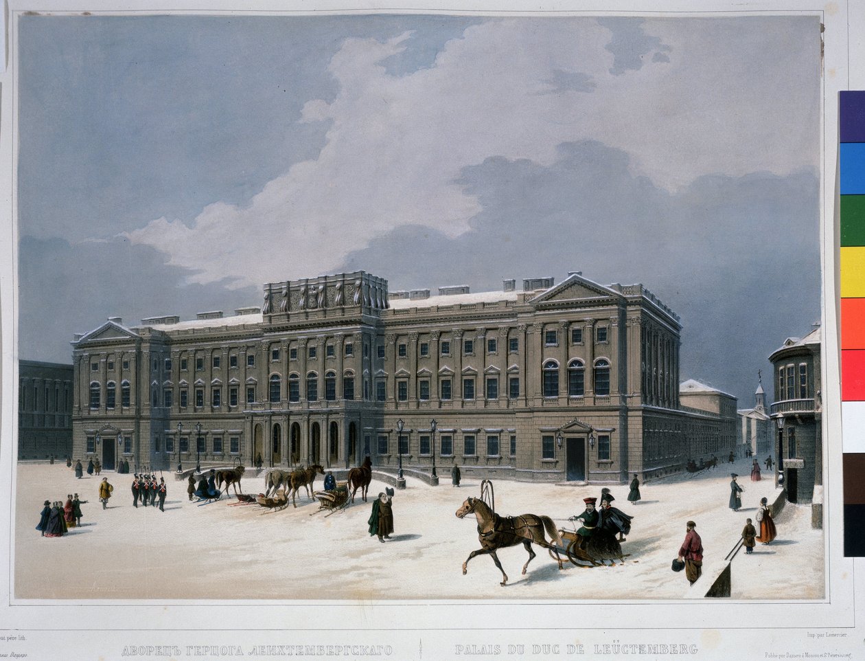 Pałac Maryjski na placu św. Izaaka w Petersburgu. Litografia Louisa Julesa Arnouta (1814-1868), kolorowana akwarelą, ok. 1840 r. Sztuka francuska, klasycyzm. Pchniecie autorstwa Louis Jules Arnout