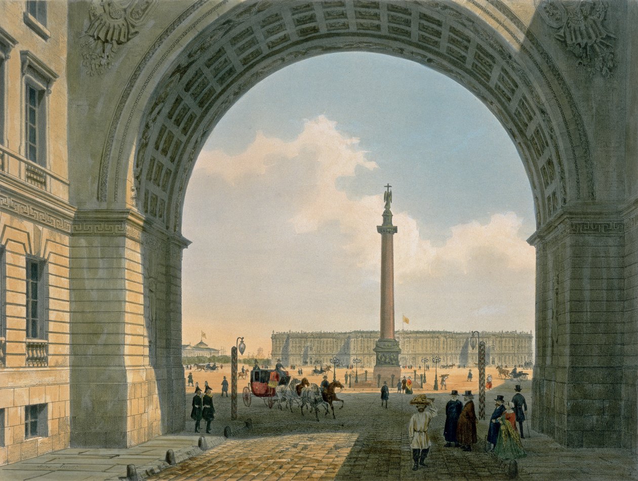 Plac Pałacowy, Widok z łuku Komendy Głównej Armii, Sankt Petersburg, druk Lemercier, Paryż, lata czterdzieste XIX wieku (kolor lito) autorstwa Louis Jules Arnout