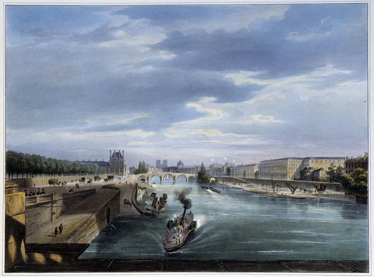 Pont du Carrousel et bateau steam - w „Paryżu en 1837” autorstwa Arnout autorstwa Louis Jules Arnout