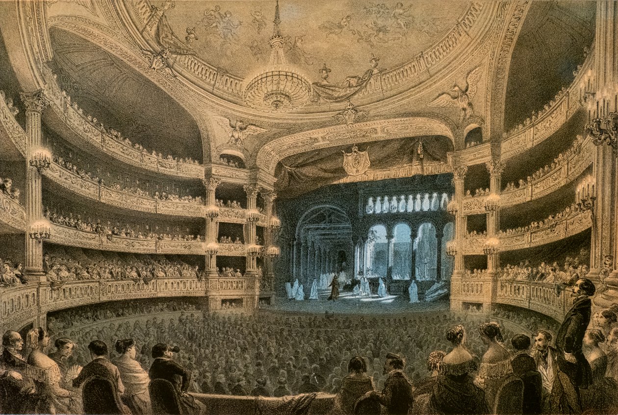 Akademia Muzyczna Imperiale, teatr Opery, podczas spektaklu „Robert le Diable” (1831). Litografia w kolorze. autorstwa Louis Jules Arnout