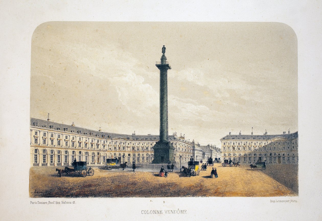 Kolumna Vendome, Paryż. Litografia akwarela, ilustracja Arnout, w „Albumie, pamiątki z Paryża”, redaktor Daziaro, Paryż autorstwa Louis Jules Arnout