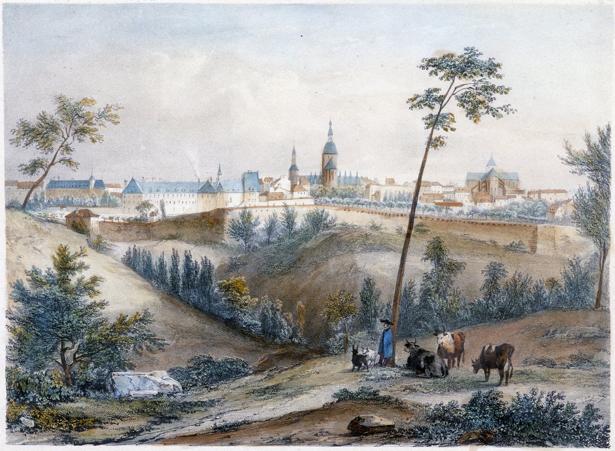 Bouvier na bretońskiej wsi (Dinan w oddali) - litografia Jacotteta i Benoista autorstwa Louis Julien Jacottet