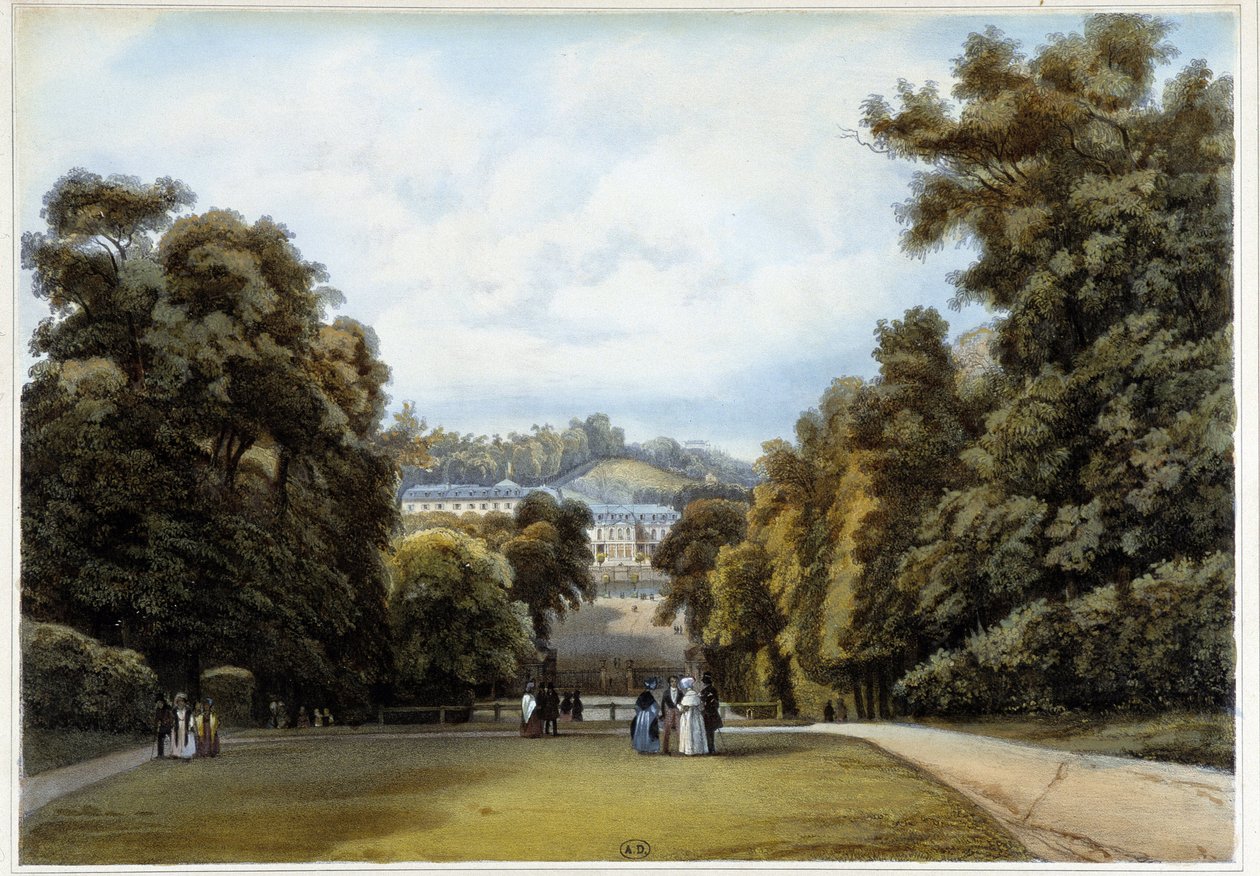 Chateau de Saint Cloud, strona parku. W „Paryżu i jego okolicach” autorstwa Louis Julien Jacottet