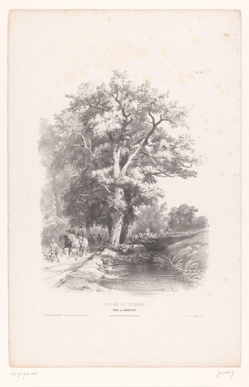 Myśliwi z psami wzdłuż rowu w lesie Kurs rysunku krajobrazowego (tytuł serii) Cours de Paysage (tytuł serii na obiekcie) autorstwa Louis Julien Jacottet