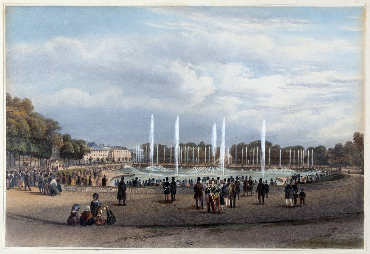 Parc de Versailles: Smoczy kawałek wody - w „Promenade dans Paris et ses environs””, zaprojektowany przez Jacotteta i Benoista, ok. 1930 r. 1840 autorstwa Louis Julien Jacottet