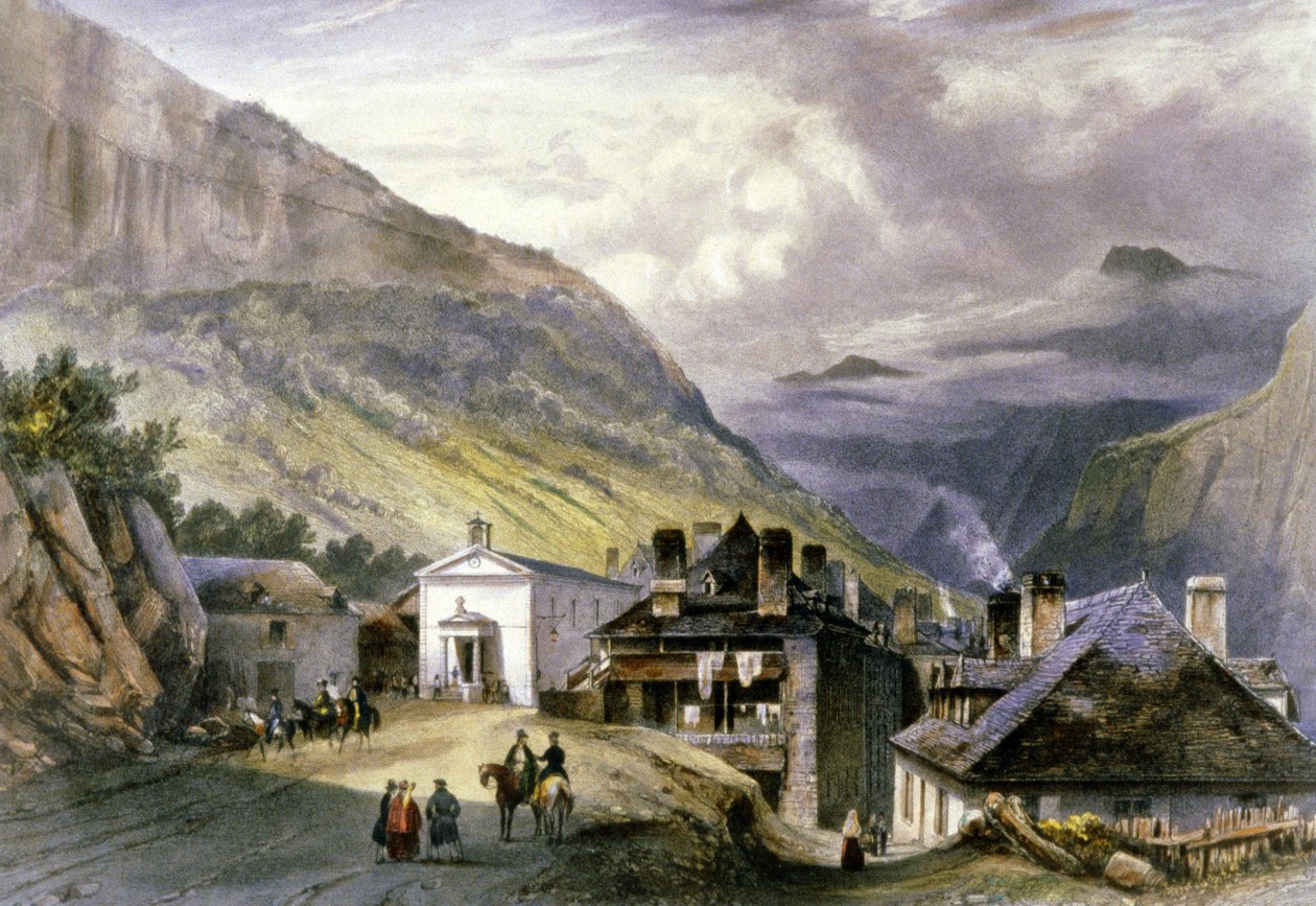 Wioska Eaux chaudes, ok. 1850 r. (litografia) autorstwa Louis Julien Jacottet