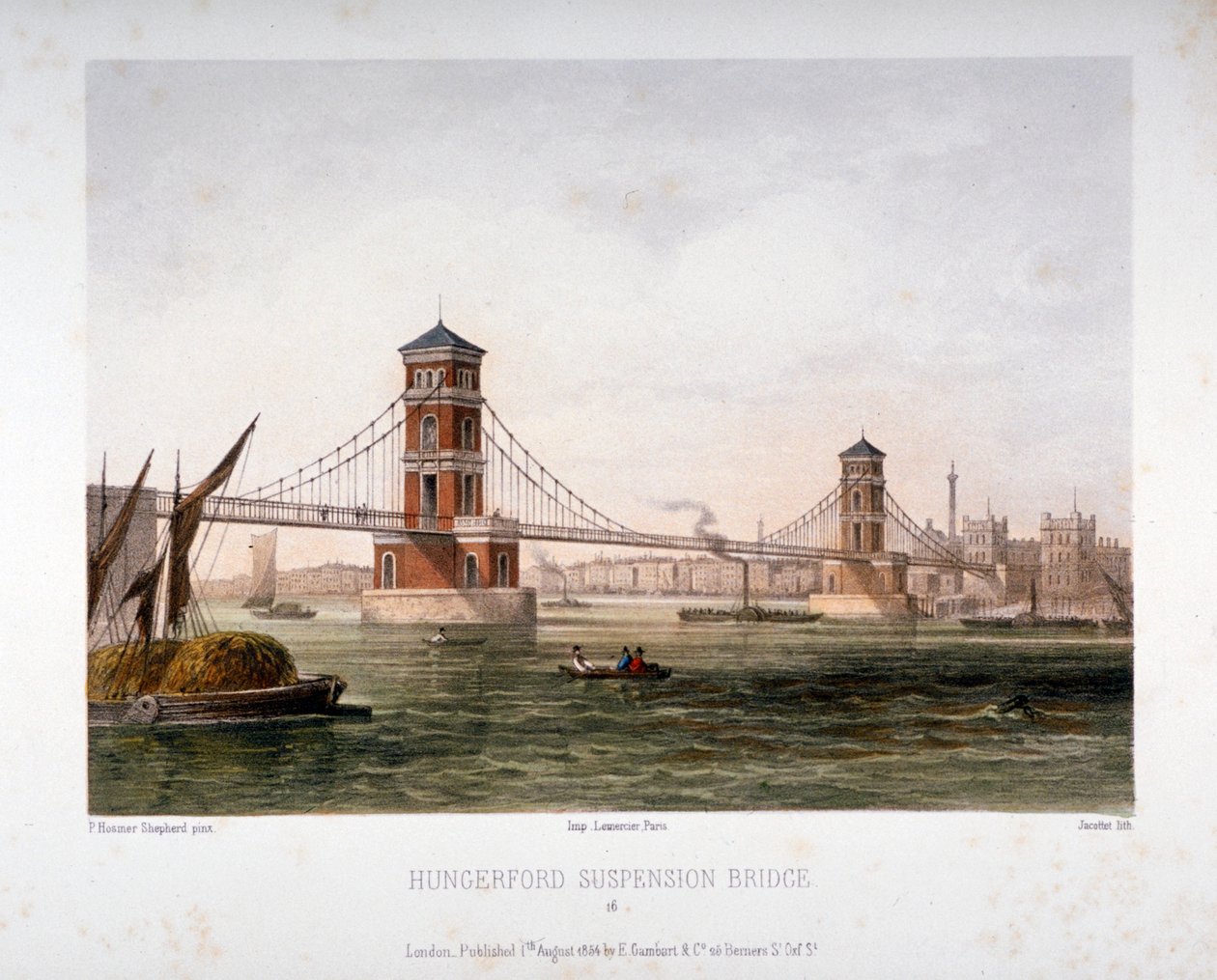 Widok na Hungerford Bridge od wschodu, Londyn, 1854 r. autorstwa Louis Julien Jacottet