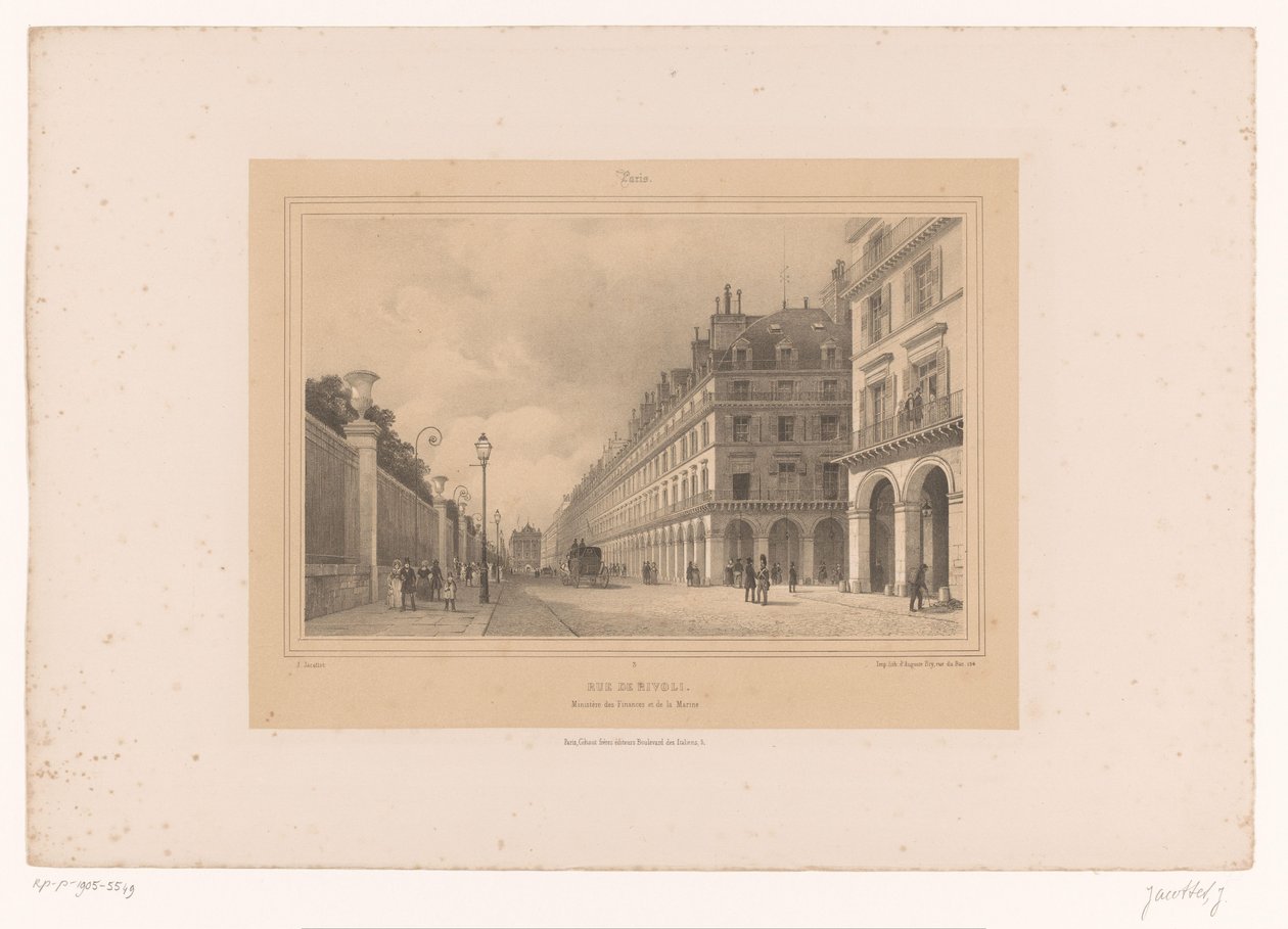 Widok na Rue de Rivoli Rue de Rivoli. Ministère des Finances et de la Marine (tytuł na przedmiocie) Twarze w Paryżu i okolicach (tytuł serii) Paryż (tytuł serii na obiekcie) autorstwa Louis Julien Jacottet