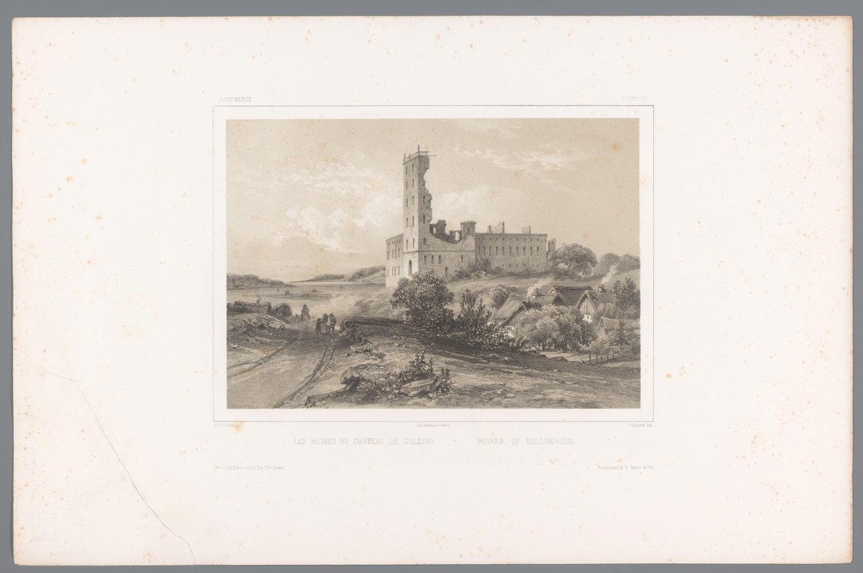 Widok na ruiny Koldinghus Les ruines du château de Colding / Ruiner of Koldinghuus (tytuł na obiekcie) Twarze w Skandynawii (tytuł serii) Vues du Nord. Danemarck (tytuł serii) autorstwa Louis Julien Jacottet