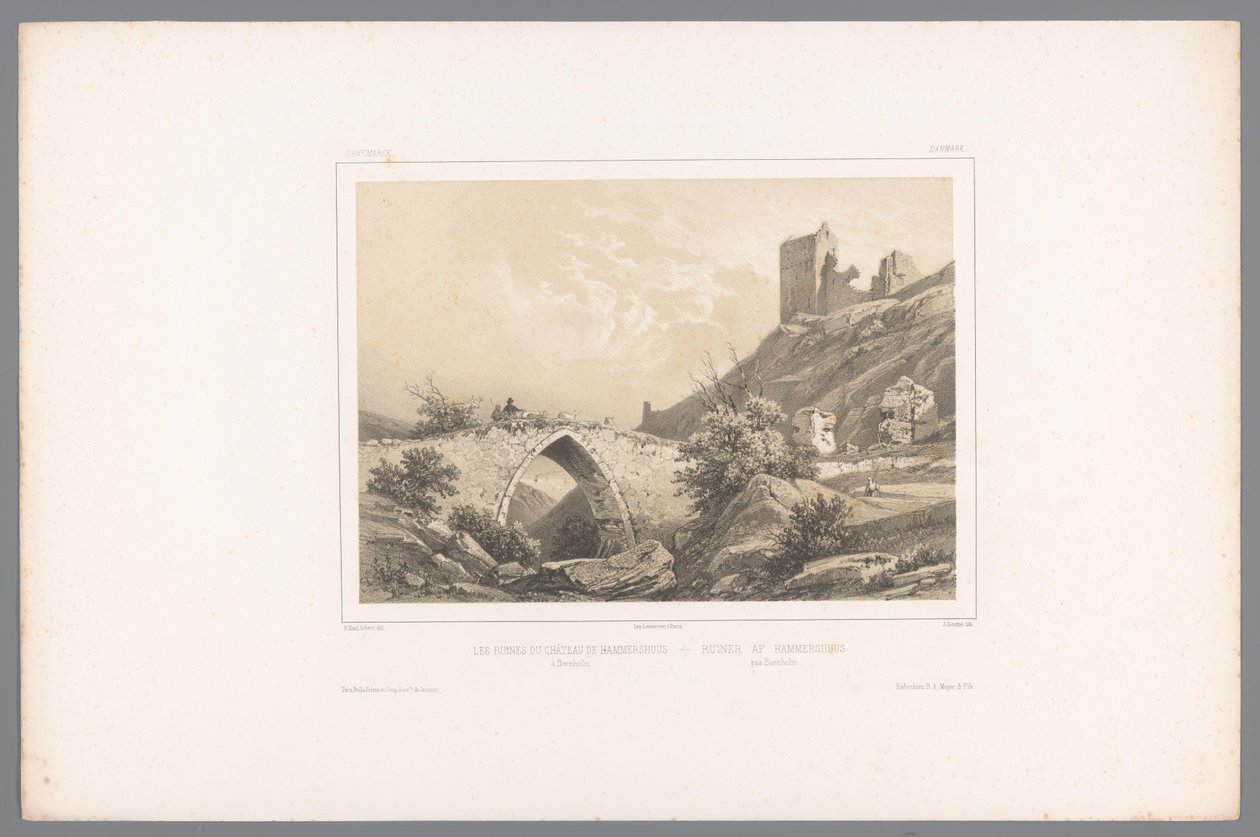 Widok na ruiny zamku Hammershus Les ruines du Château de Hammershuus / Ruiner af Hammershuus (tytuł na obiekcie) Twarze w Skandynawii (tytuł serii) Vues du Nord. Danemarck (tytuł serii) autorstwa Louis Julien Jacottet