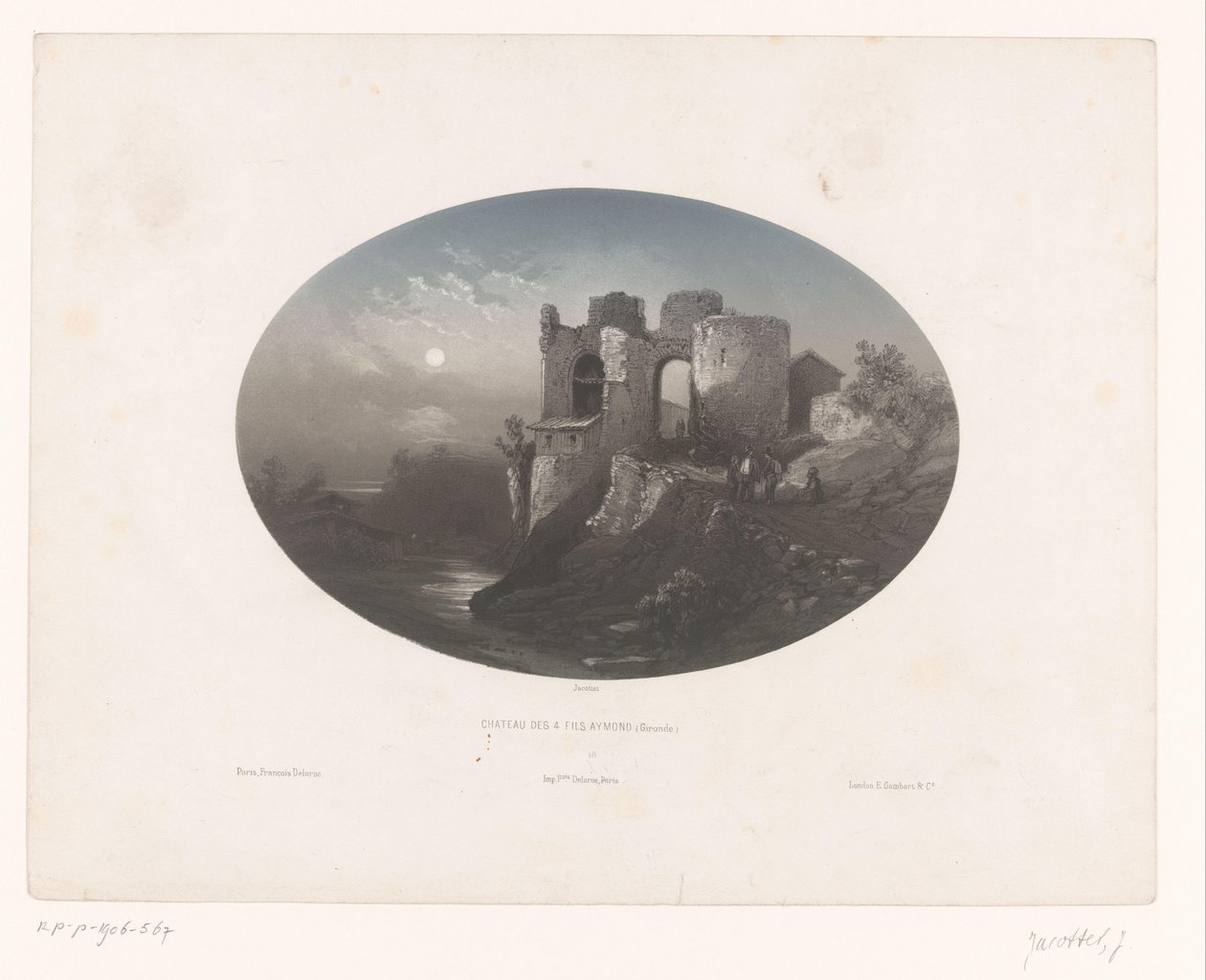 Widok na ruiny zamku Czterech Heemskinderen Château des 4 fils Aymond (Żyronda) (tytuł na obiekcie) autorstwa Louis Julien Jacottet