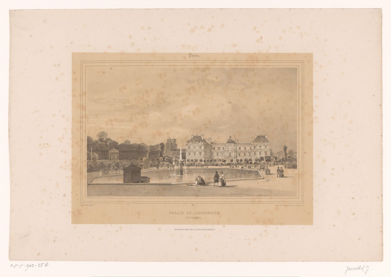 Widok na Pałac Luksemburski z Jardin du Luxembourg Palais du Luxembourg, Côté du Jardin (tytuł obiektu) Gezichten in en om Paris (tytuł serii) Paryż (tytuł serii na obiekcie) autorstwa Louis Julien Jacottet