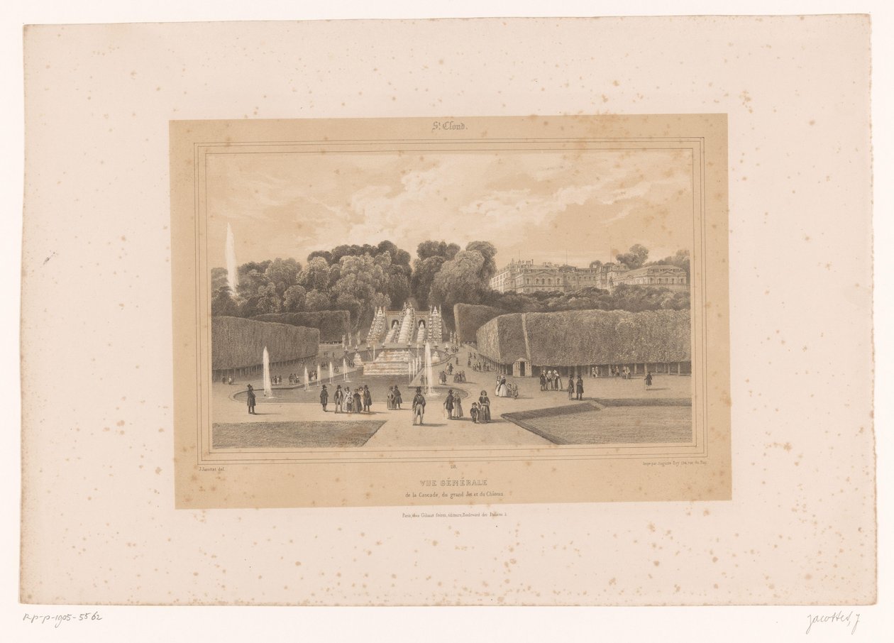 Widok na zamek Saint-Cloud w parku Saint-Cloud Vue generale de la Cascade, du grand Jet et du Château (tytuł przedmiotu) Twarze w Paryżu i okolicach (tytuł serii) St. Cloud (tytuł serii na obiekcie) autorstwa Louis Julien Jacottet