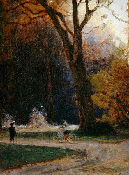 Rowerzysta w parku Karlsaue, Kassel (olej na tekturze) autorstwa Louis Kolitz