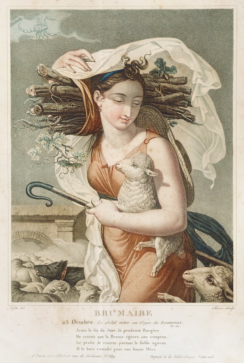 Brumaire (październik, listopad), drugi miesiąc kalendarza republikańskiego, grawerowane przez Tresca, francuski, ok. 1794 (grafika) autorstwa Louis Lafitte