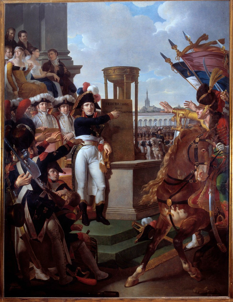 Napoleon Bonaparte (1769-1821) proklamujący Republikę Cisalpińską w Mediolanie 9.07.1797 Obraz Louis Lafitte (1770-1828) 1797 nd. 2,52 x 3,34 m. Wyspa Aix, Muzeum Napoleońskie autorstwa Louis Lafitte
