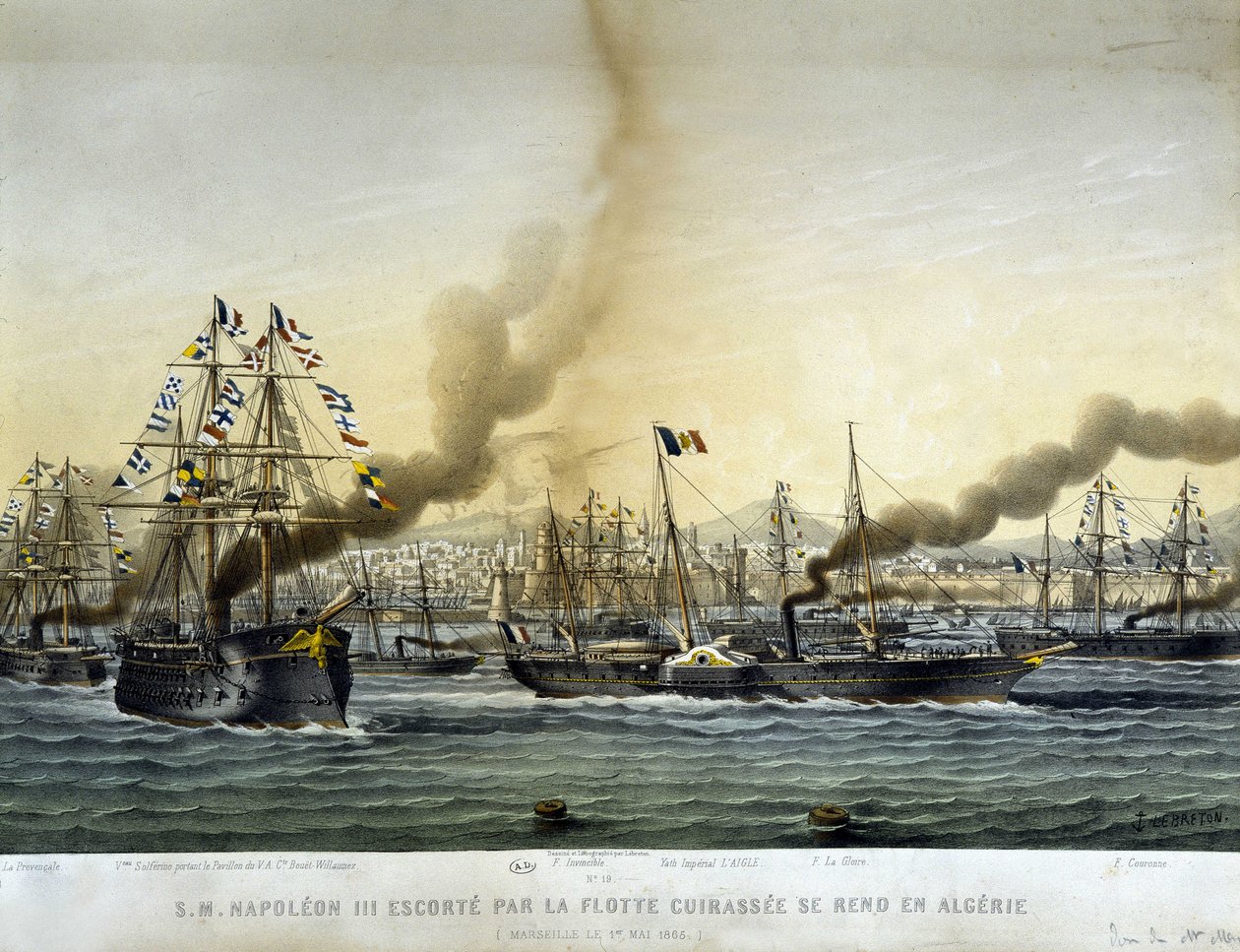 Napoleon III eskortowany przez flotę battlessee udał się do Algierii we wrześniu 1860 r., rycina z 1865 r. autorstwa Louis Le Breton