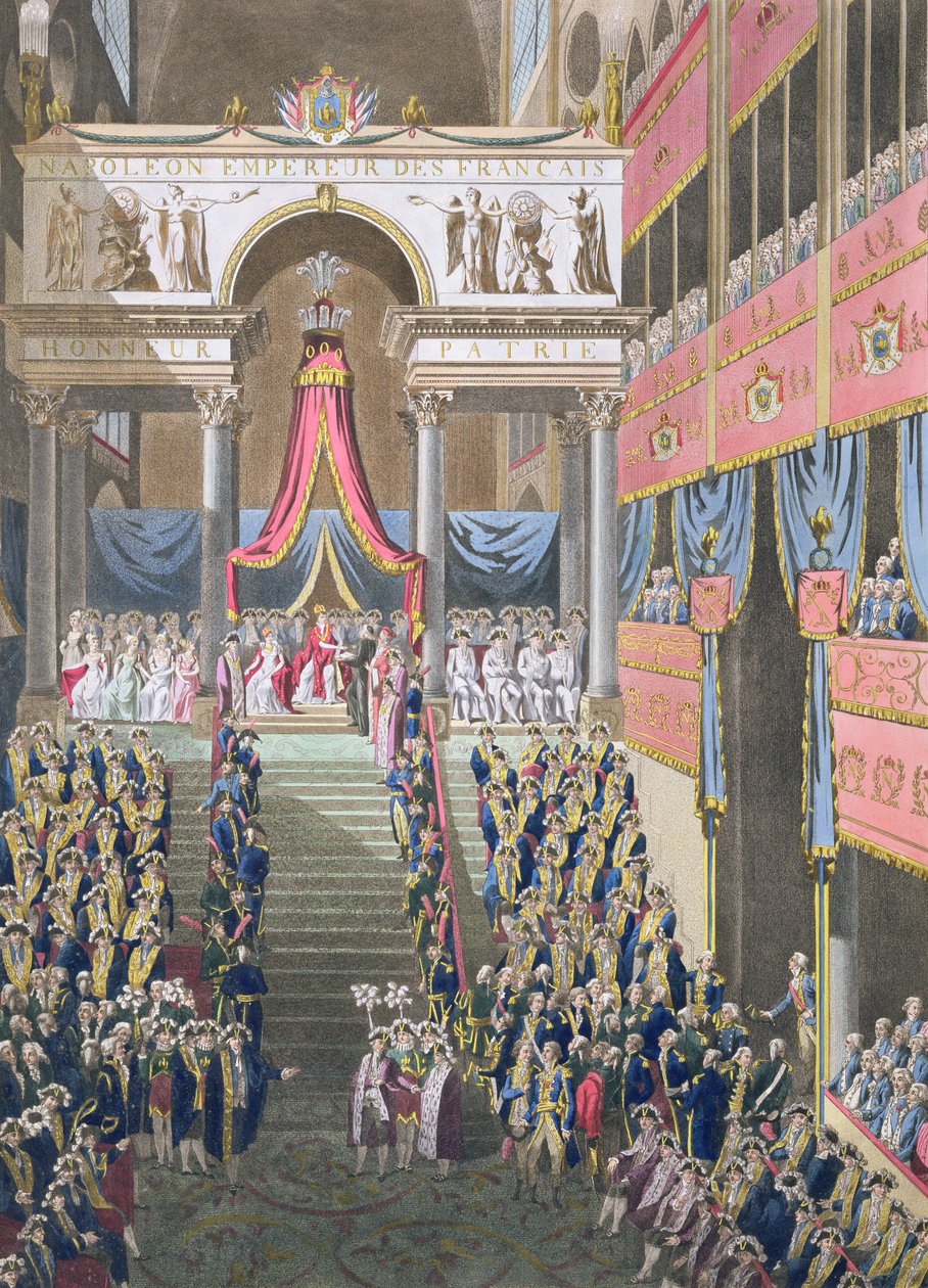 Święte Święto i Koronacja Ich Cesarskich Mości, Cesarz składa przysięgę Konstytucji w Katedrze Notre Dame, opublikowane 1806 (rycina ręcznie barwiona) autorstwa Louis Le Coeur
