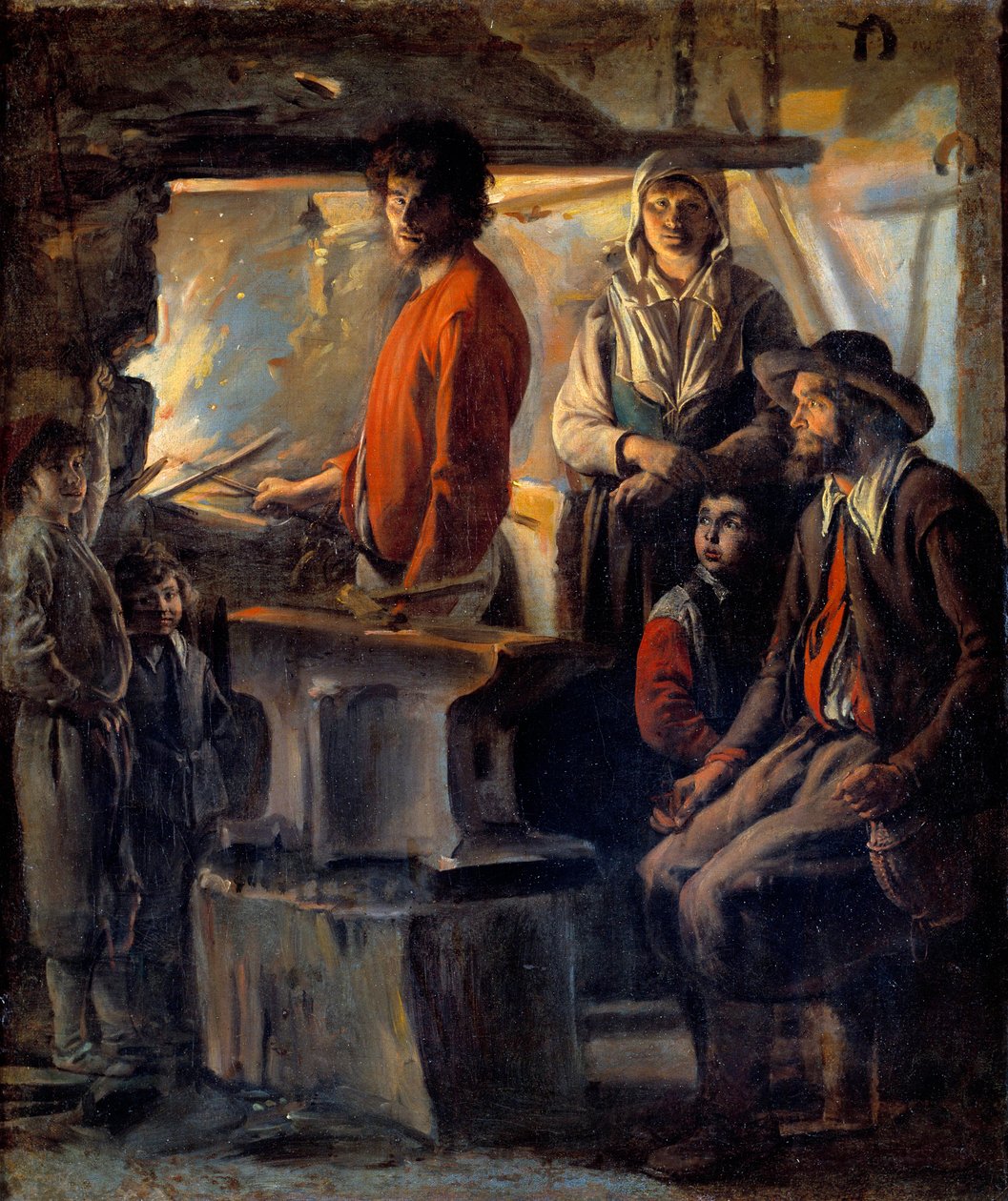 Kowal lub marechal w swojej kuźni Marechal-żelazo i jego rodzina, obok niego kowadło. Obraz Ludwika Naina (1593-1648) XVII w. Słońce. 0,69x0,57m² autorstwa Louis le Nain