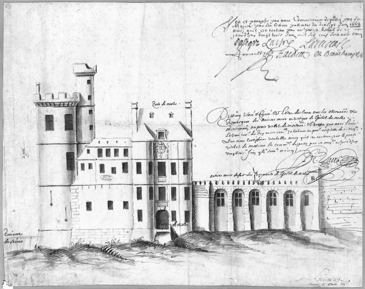 Fasada Porte i Hotel de Nesle, 1662 (pióro i atrament oraz pranie na papierze) autorstwa Louis Le Vau