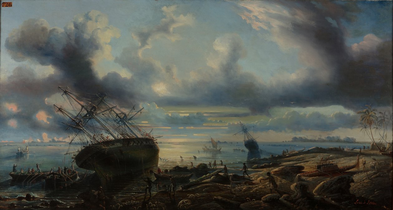 Uwięzienie korwety w kanale Mauvais, Cieśnina Torresa 1843 (olej na płótnie) autorstwa Louis Lebreton