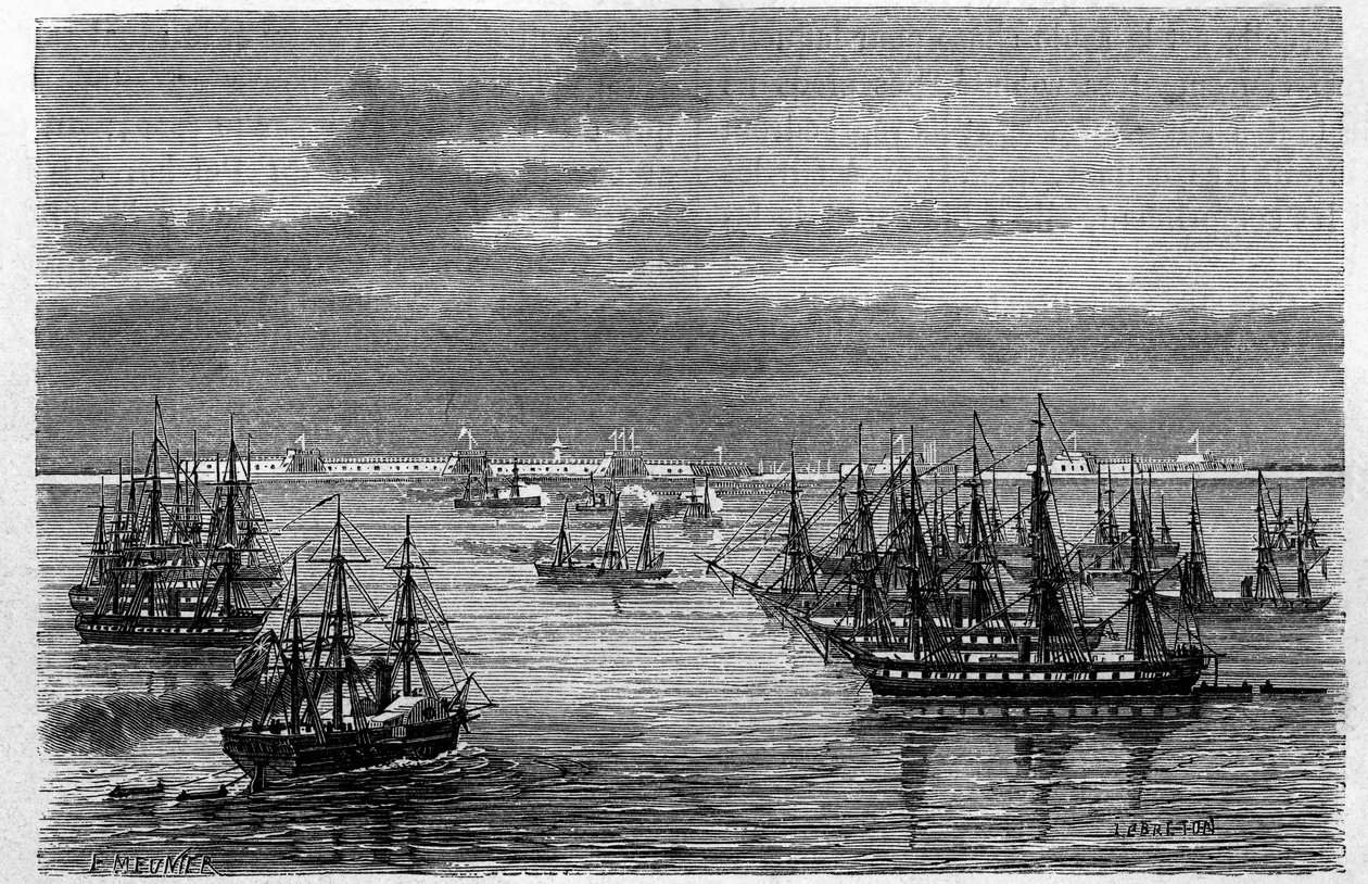 Widok francuskiej eskadry Anglo w ujściu rzeki Hai He na Morzu Bohai w Tanggu w Chinach. Grawer Lebreton, w „”Le Tour du Monde, Nouveau journal des Voyages””, pod redakcją Edouarda Chartona, Paryż autorstwa Louis Le Breton