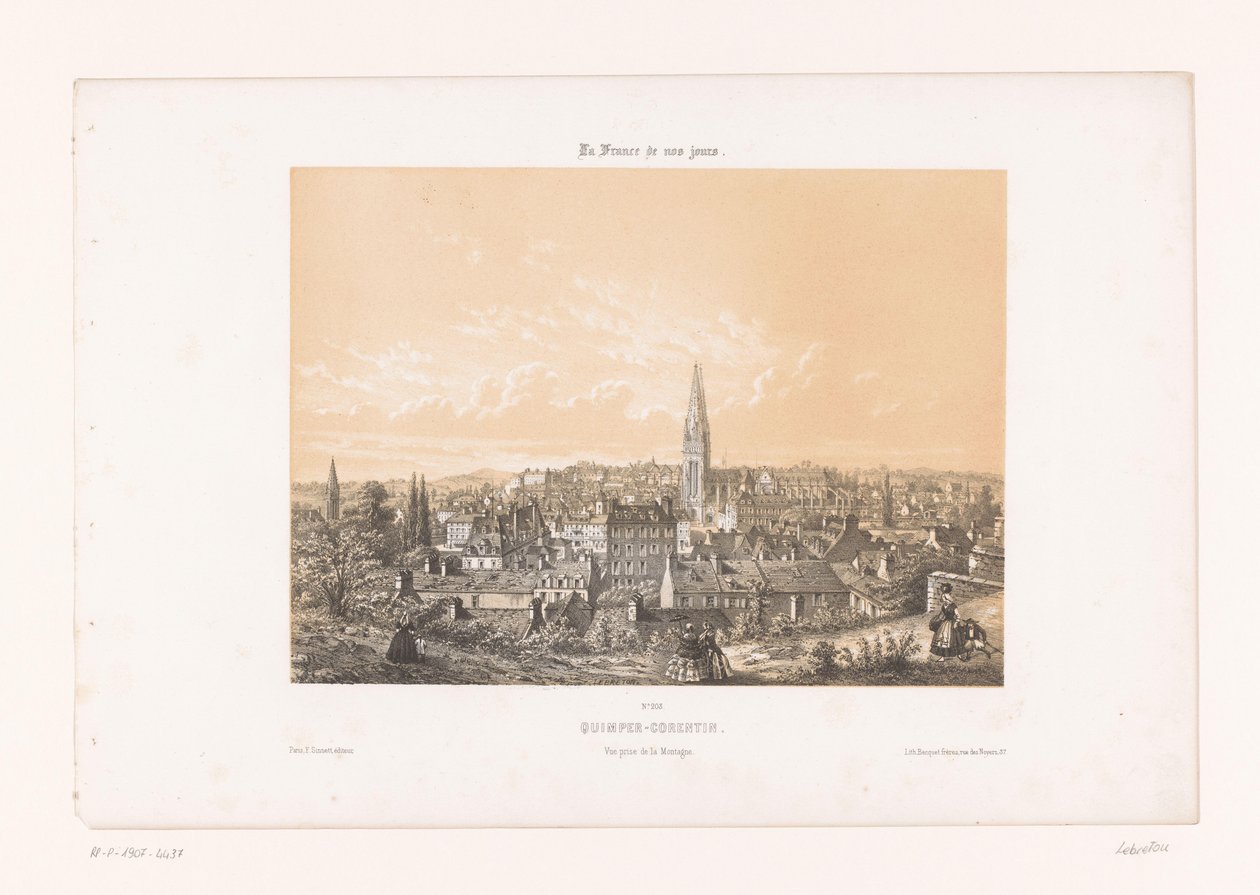 Widok na Quimper ze wzgórza Quimper-Corentin. Vue prize de la Montagne (tytuł na obiekcie) Współczesna Francja (tytuł serii) La France de nos jours (tytuł serii na obiekcie) autorstwa Louis Le Breton