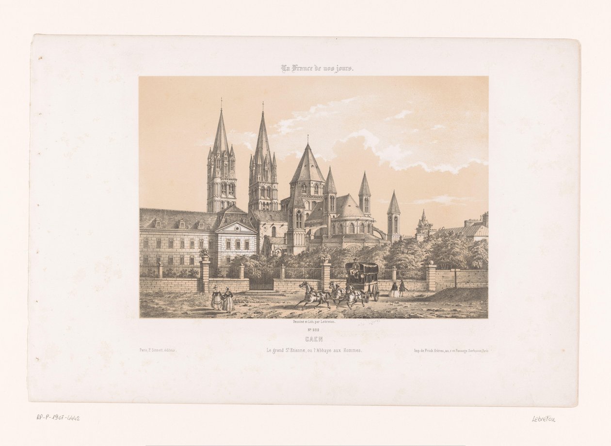 Zicht op de Abbaye aux Hommes met de Saint-Étienne Church te Caen Caen. Wielki Et. Etienne, czyli Abbey of Men (tytuł na obiekcie) Hedendaags Frankrijk (tytuł serii) Francja dzisiaj (tytuł serii na obiekcie) autorstwa Louis Le Breton