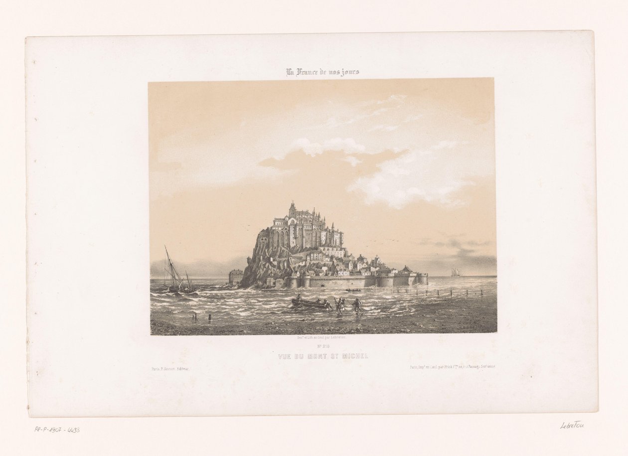 Widok na Mont-Saint-Michel Vue du Mont St. Michel (tytuł na obiekcie) Współczesna Francja (tytuł serii) La France de nos jours (tytuł serii na obiekcie) autorstwa Louis Le Breton