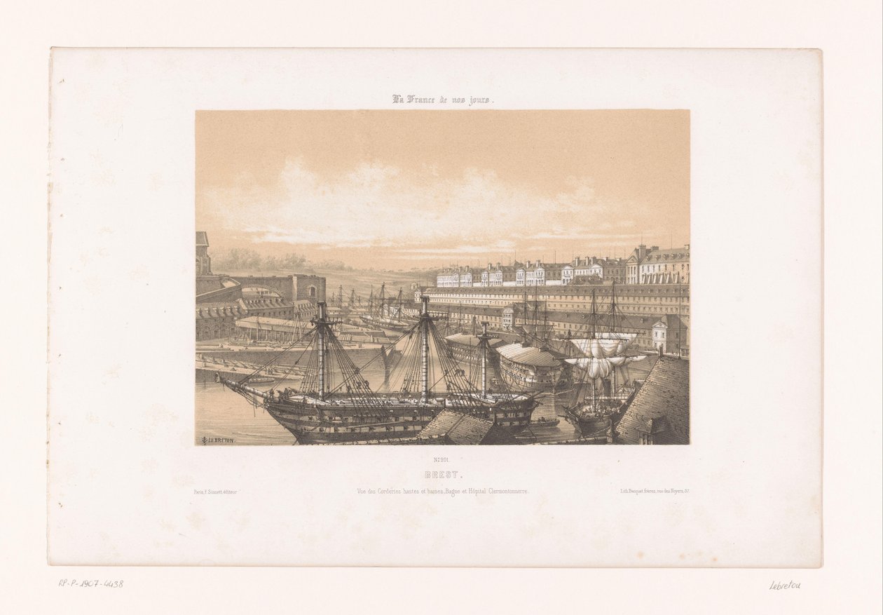 Widok na Arsenał w porcie Brześć Brześć. Vue des Corderies hautes et basses, Bagne and Hôpital Clermontonnerre (tytuł obiektu) Współczesna Francja (tytuł serii) La France de nos jours (tytuł serii na obiekcie) autorstwa Louis Le Breton