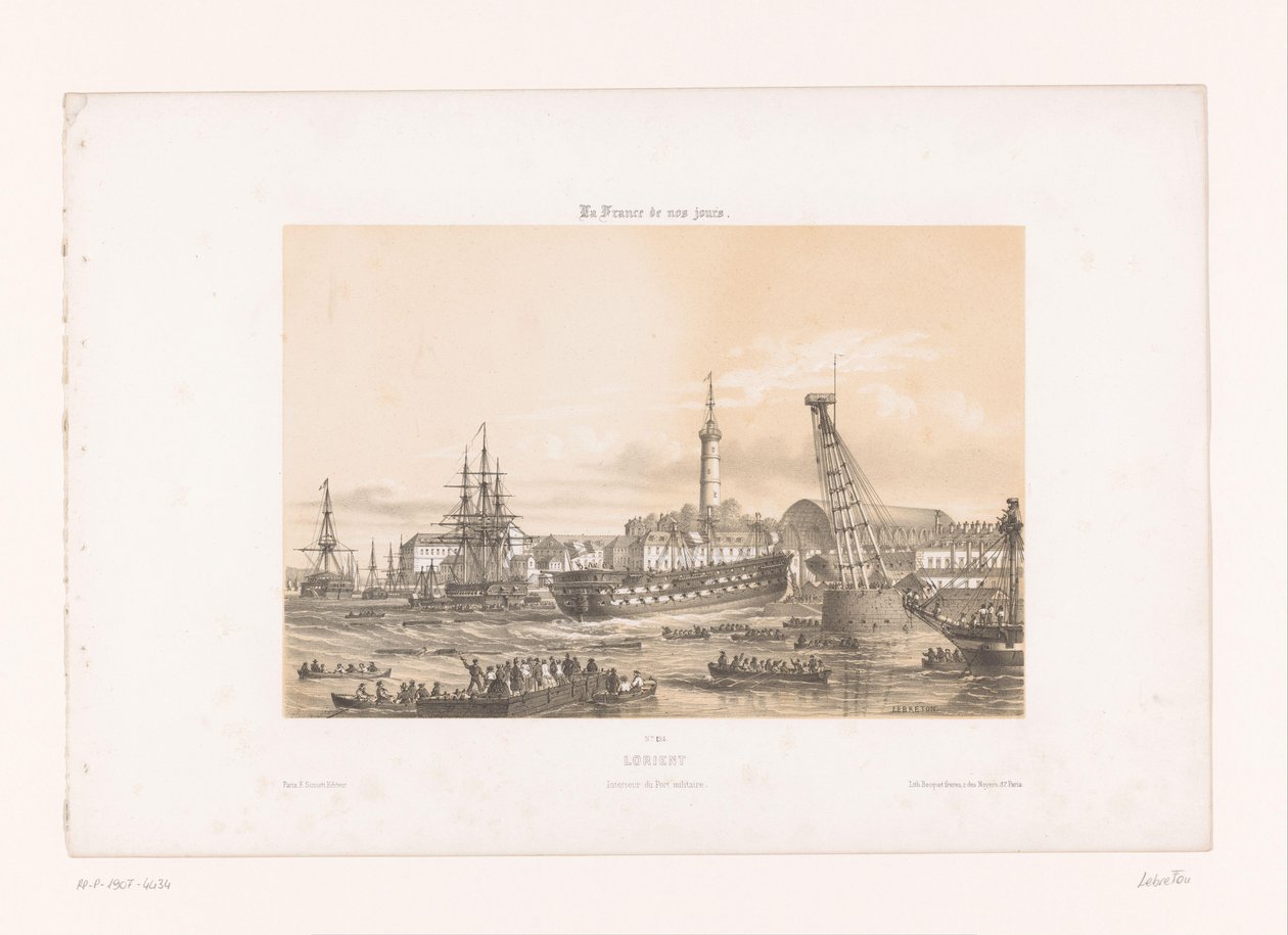 Widok na Arsenał w porcie Lorient lorient. Wnętrze Portu Wojskowego (tytuł na obiekcie) Współczesna Francja (tytuł serii) La France de nos jours (tytuł serii na obiekcie) autorstwa Louis Le Breton