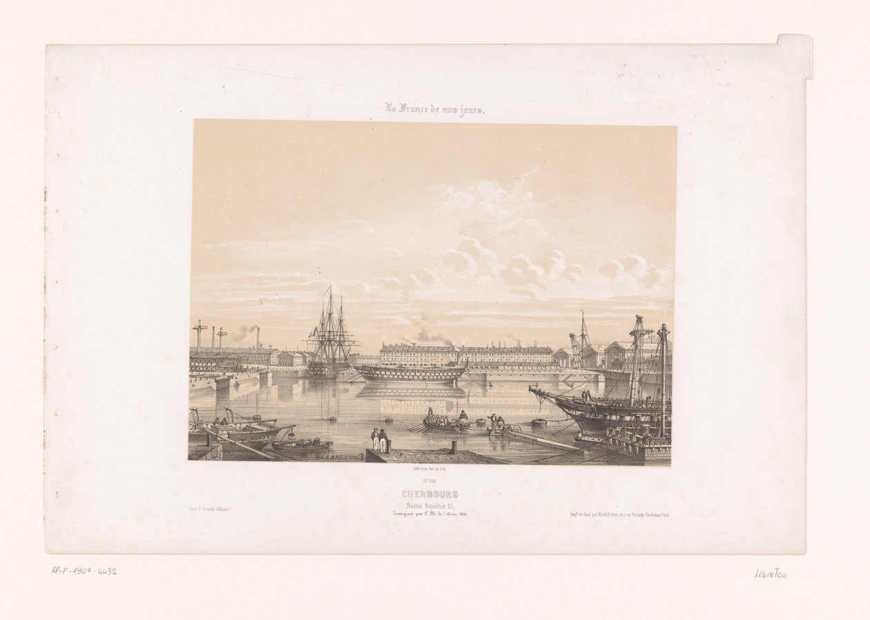Widok Bassin Napoleon III w porcie Cherbourg Cherbourg. Basen Napoleona III (tytuł na obiekcie) Współczesna Francja (tytuł serii) La France de nos jours (tytuł serii na obiekcie) autorstwa Louis Le Breton