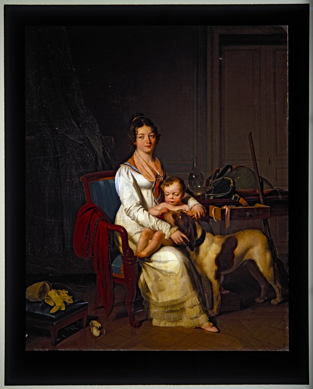 Młoda dama z dzieckiem i psem we wnętrzu, niedatowane (na płótnie) autorstwa Louis Leopold Boilly