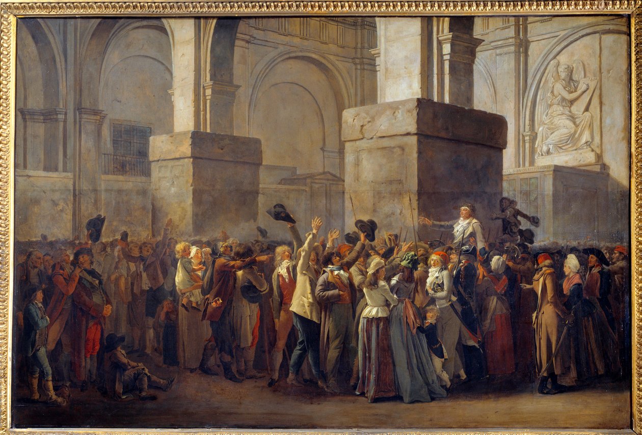 Rewolucja Francuska; „”Triumf Marata”” Poseł Jean Paul Marat (1743-1793) został zatriumfowany przez lud po jego uniewinnieniu przez Trybunał Rewolucyjny w 1793 roku. Malowanie na papierze marouflowym Louis Leopold Boilly (1761-1845) XVIII-wieczne Słońce. 0 autorstwa Louis Leopold Boilly
