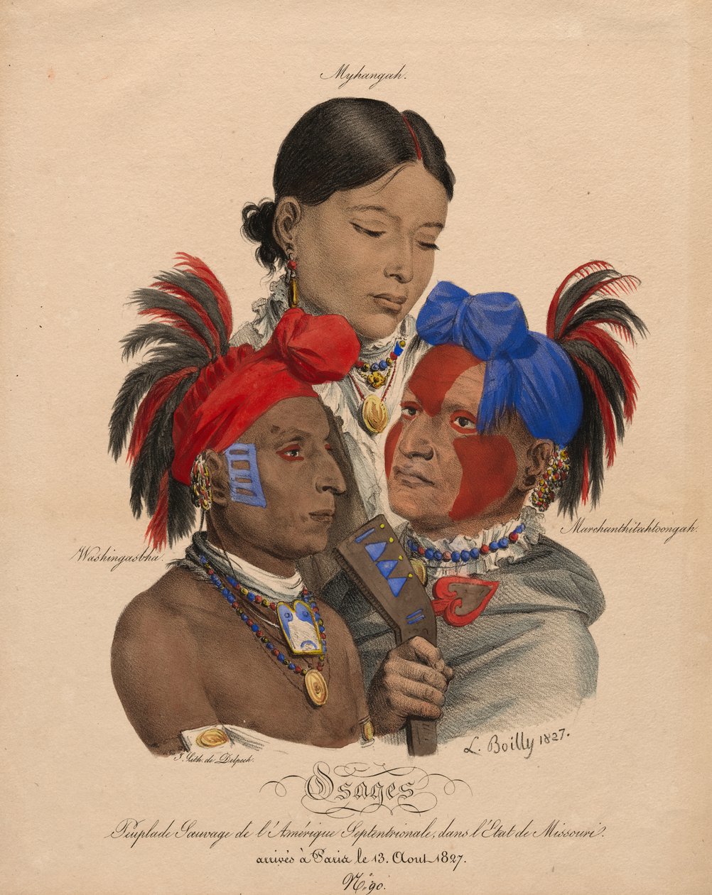 Indianie Osage: Mohongo, Washingsabba (lub Black Bird) i Big Soldier autorstwa Louis Leopold Boilly