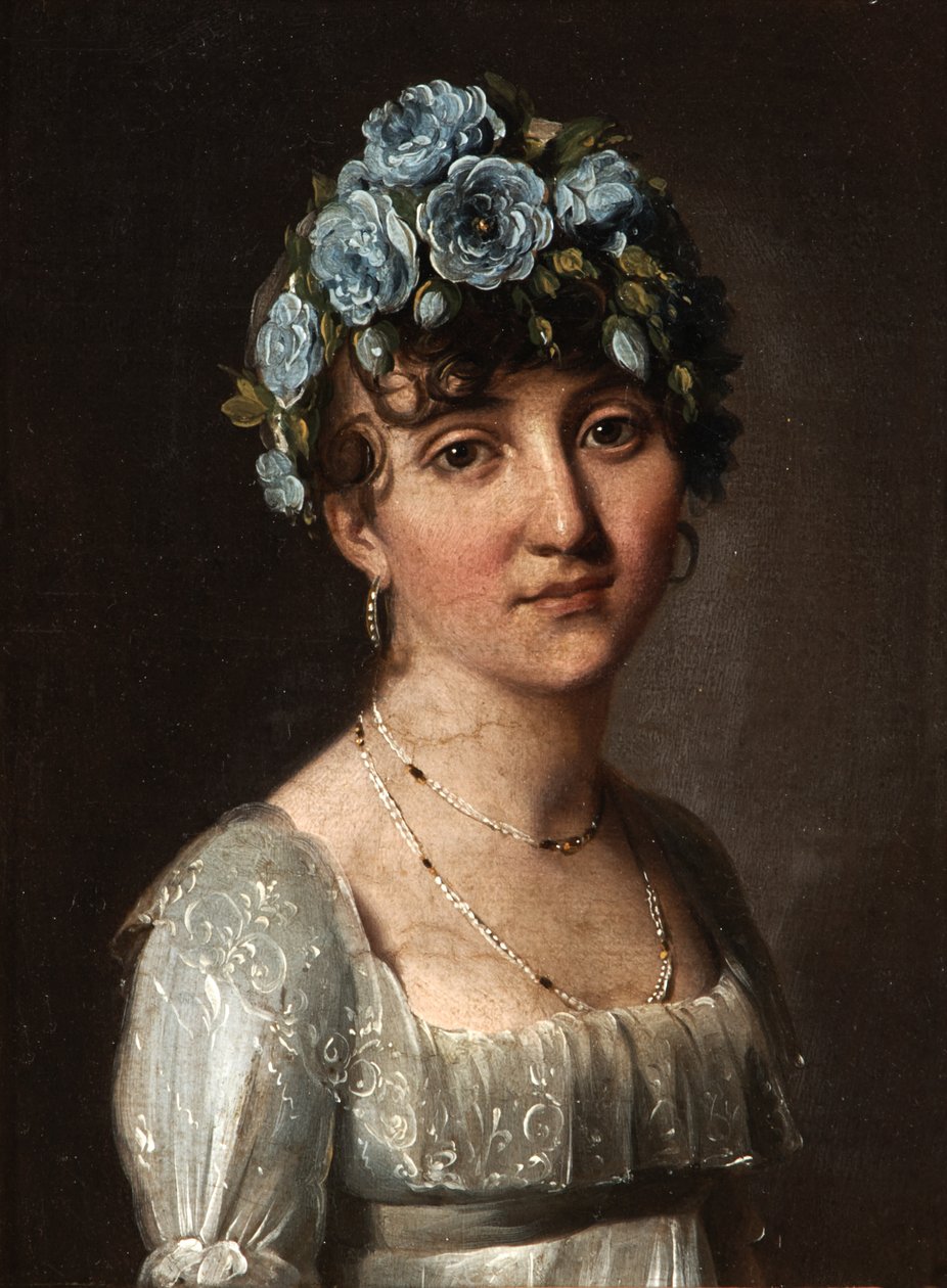 Portret baronowej Mesgrigny, z domu Berthelot de Rambuteau (Portret młodej kobiety z niebieskimi kwiatami) autorstwa Louis Leopold Boilly