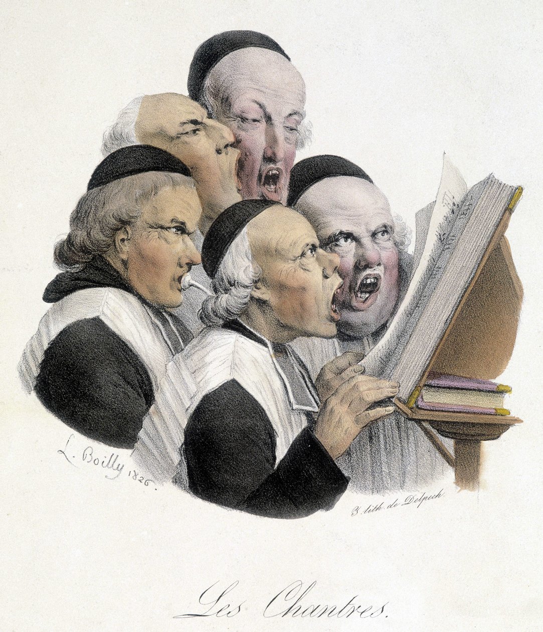 Śpiewający mężowie religijni (Les chantres). Karykatura L. Boilly