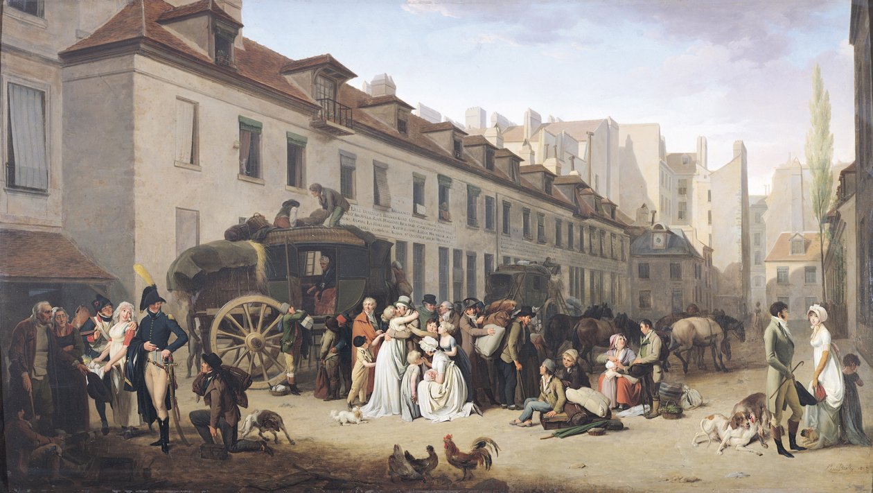 Przybycie dyliżansu na Terminus, rue Notre-Dame-des-Victoires, Paryż autorstwa Louis Leopold Boilly