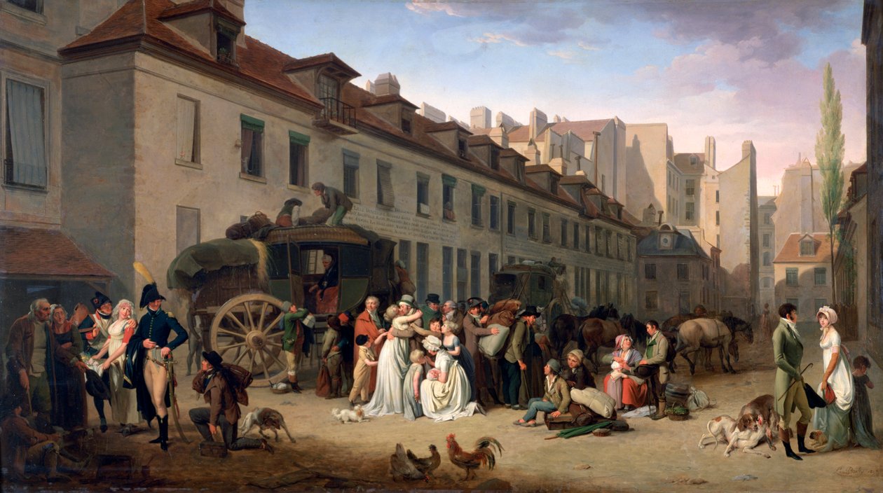 „Przybycie dyliżansu na Terminus, rue Notre-Dame-des-Victoires, Paryż, 1803”, 1803-1845 autorstwa Louis Leopold Boilly