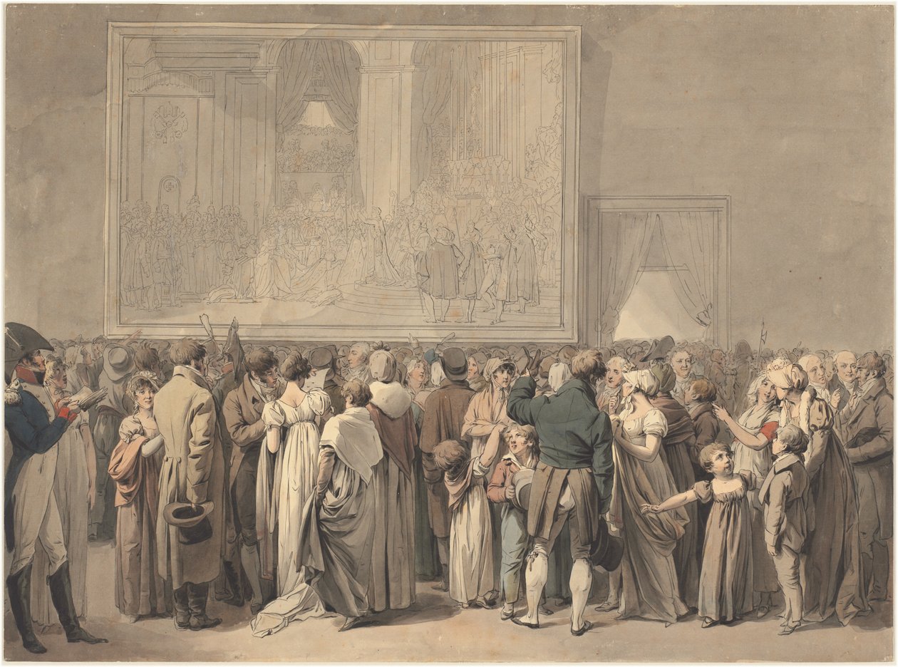 O público no salão do Louvre, vendo a pintura do "Sacre", iniciada em 1808 (caneta, tinta e aquarela) polonês autorstwa Louis Leopold Boilly