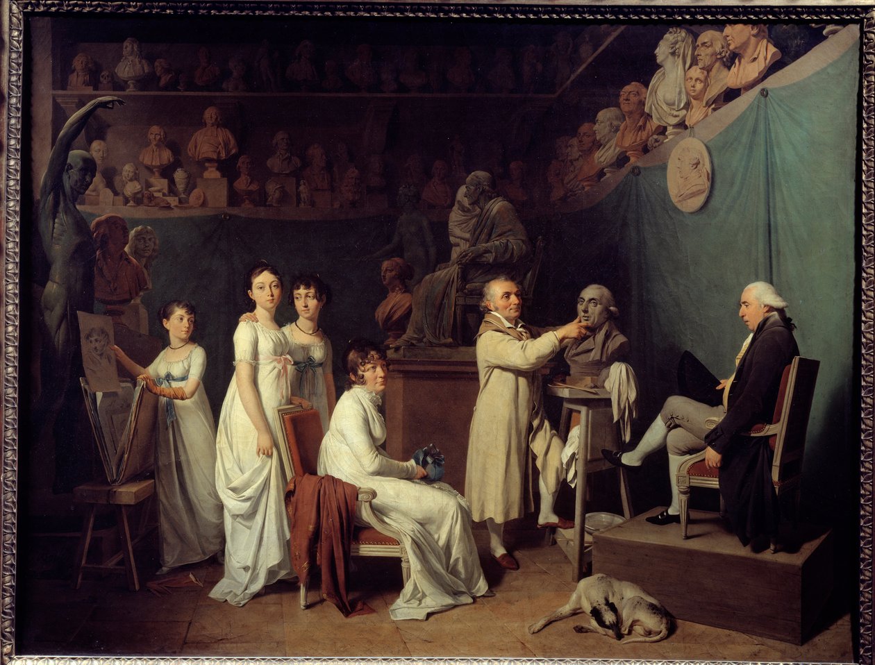 Warsztat rzeźbiarza Jeana Baptiste Houdona (1741-1828). Modelem rzeźbiarza był matematyk Pierre-Simon Laplace (1749-1827) markiz de Laplace w obecności żony i córek. Obraz Louisa Leopolda Boilly