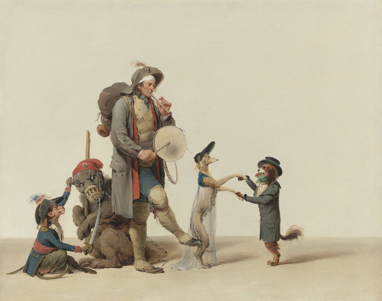 Trener zwierząt z tańczącymi psami, niedźwiedziem i małpą autorstwa Boilly, Louis-Leopold (1761-1845). Olej na płótnie, format: 32,4x40,6 cm - Kolekcja prywatna autorstwa Louis Leopold Boilly