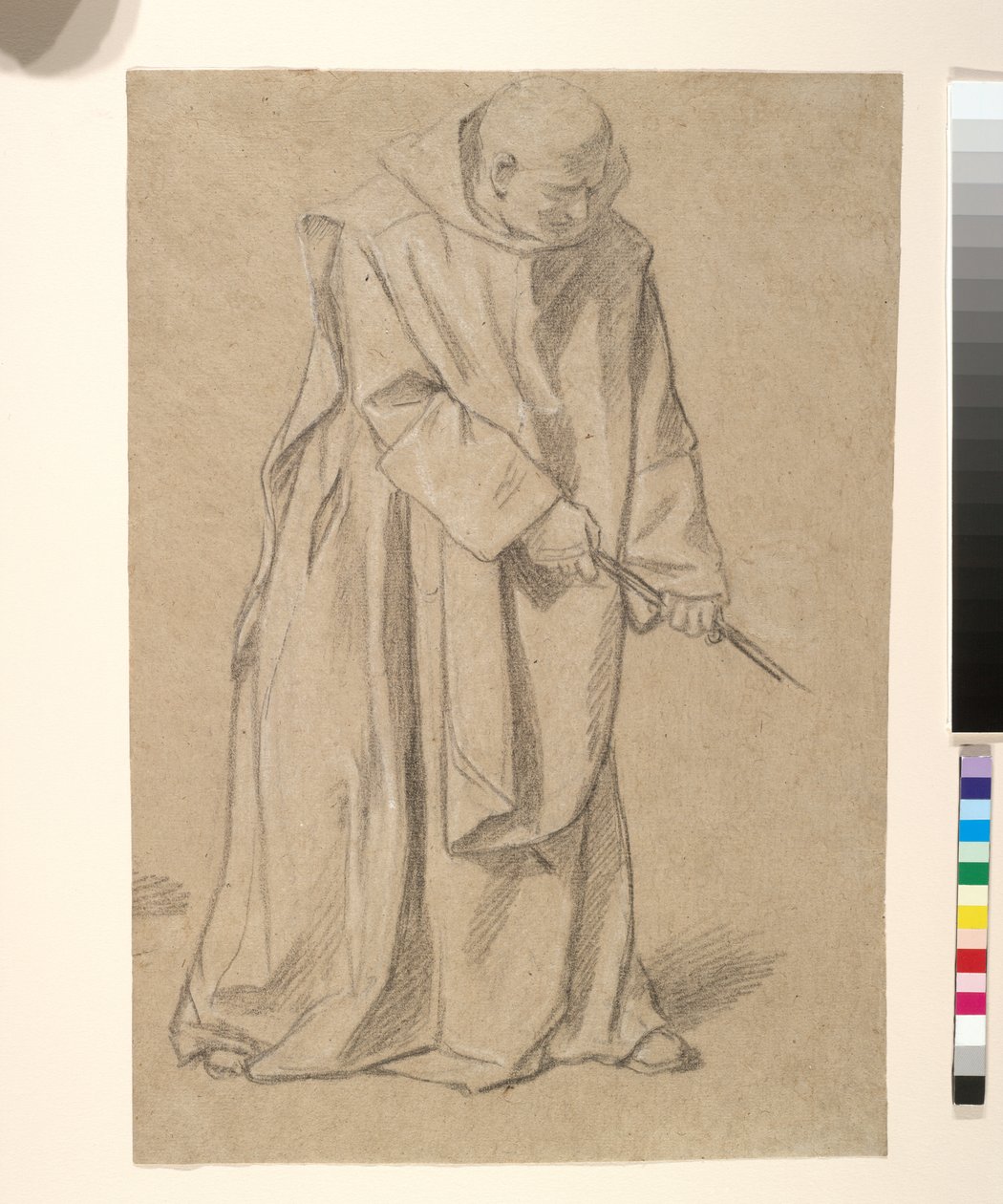 Studium mnicha ciągnącego linę (czarno-biała kreda na brązowym papierze) autorstwa Louis Licherie de Beurie